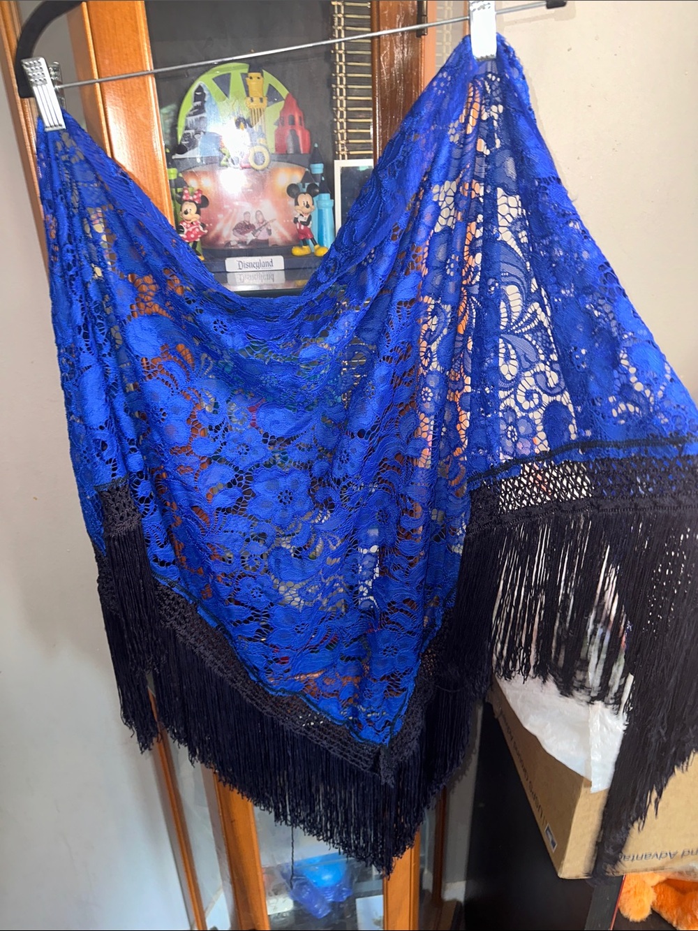 Vintage Royal Blue Lace Shawl with Black Fringe